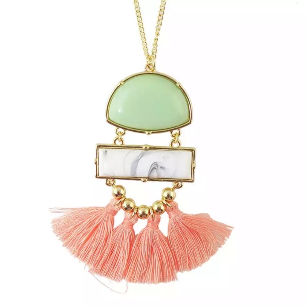 Tassel Pendant Necklace - Pink and Teal